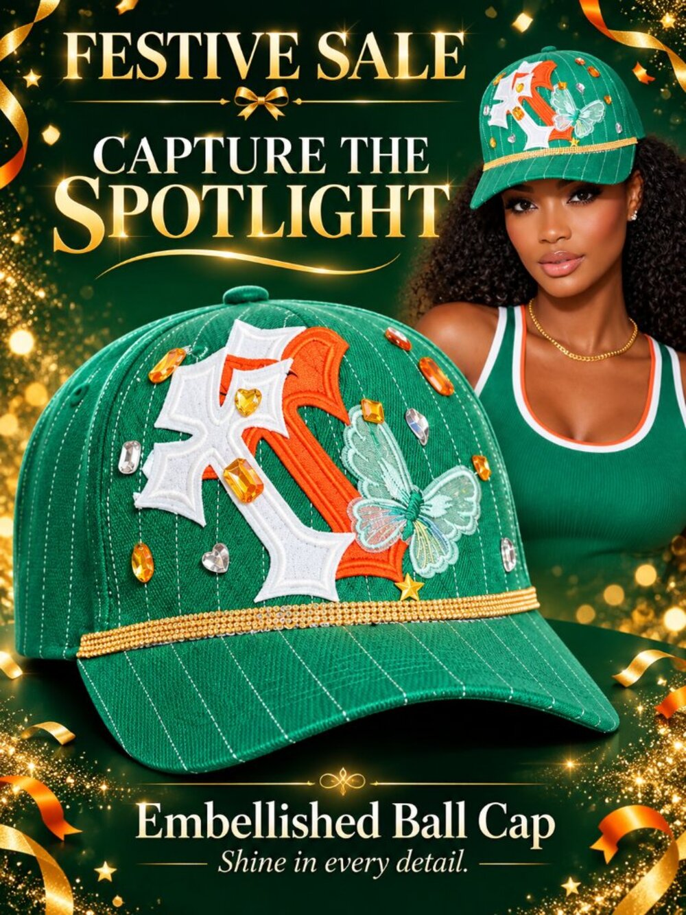 Rhinestone Butterfly “T” Green Pinstripe Cap